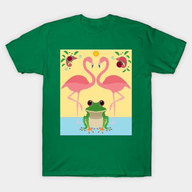 Two Flamingos, One Frog, Foliage and a Chameleon  T-Shirt by JeanGregoryEvans1
